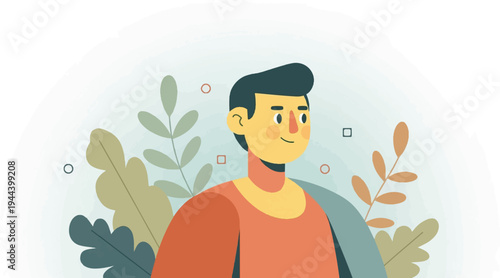 Cheerful cartoon character with stylized foliage and abstract shapes on a soft blue gradient background