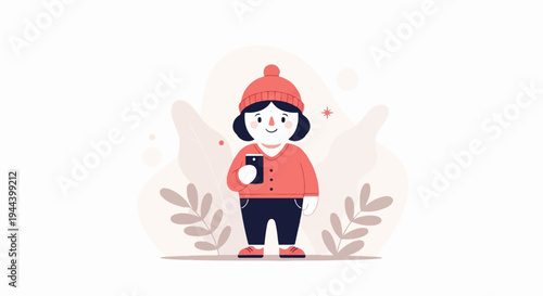 A cartoon child in a beanie and sweater holds a phone, amidst stylized leaves