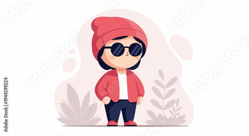 Cute cartoon figure wearing a red beanie, sunglasses, jacket, and dark pants