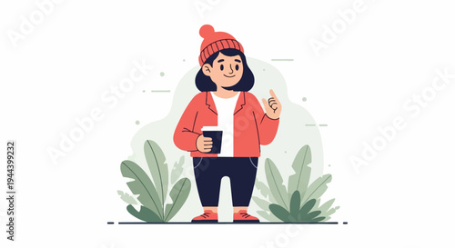 Person in hat holds cup, surrounded by green foliage and abstract shapes