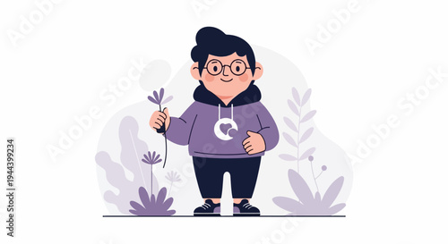 A stylized character in a purple hoodie holds a single lavender flower, surrounded by abstract plant shapes