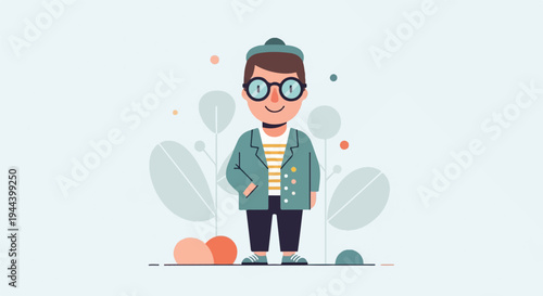A cartoon boy with round glasses and a striped shirt stands in a park with plants