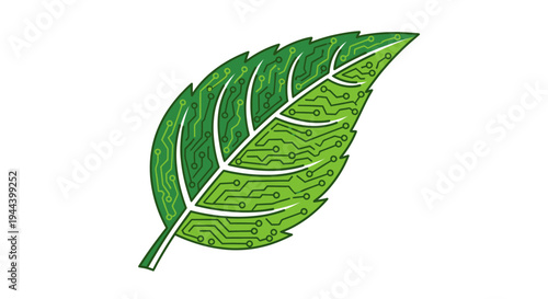A vibrant green leaf with one half showing natural veins and the other half designed as an intricate electronic circuit board, symbolizing eco-friendly technology.