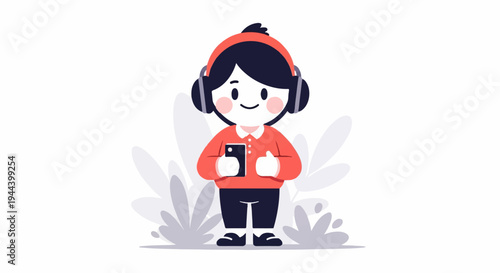Cheerful character with headphones and phone enjoys music