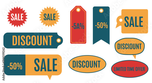 A collection of colorful sale and discount tags, labels, and banners in various shapes and styles, featuring percentages and promotional text on a white background.