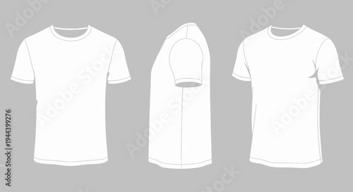 Three blank white t-shirts displayed from front, side, and angled views for design mockups.