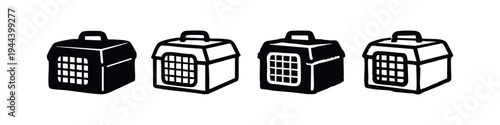 Pet Carrier Icons Set. Vector illustrations of animal transport crates in solid and outline styles.