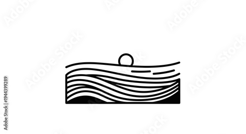 Minimalist black and white line art illustration depicting a sun or moon rising over layered wavy lines, possibly representing water or land strata.