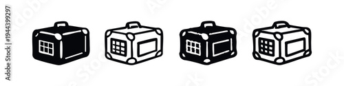 Stylized Pet Carrier Icons Set. Vector illustrations of animal travel crates with rounded edges in solid and outline styles.