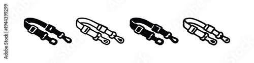 Camera Strap Icons Set. Vector illustrations of photography equipment belts in solid and outline styles.
