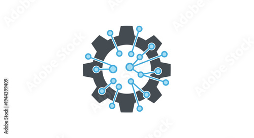 Interconnected network nodes within a mechanical gear icon, representing data processing, system integration, or technological infrastructure.