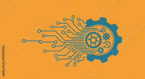 A stylized illustration depicting the integration of mechanical gears with electronic circuit board pathways, symbolizing digital transformation and technological innovation.