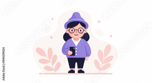 Cartoon character in purple hat, glasses, and cardigan holding a phone with pink foliage