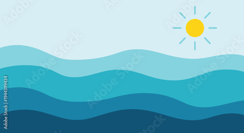 A minimalist graphic illustration of a sunny day over a calm ocean with various shades of blue waves.