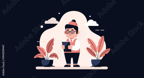 A stylized, cartoonish figure in a vest and hat holds a tablet, amidst plants and clouds