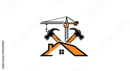 A graphic logo featuring a house roof, two crossed hammers, and a construction crane, symbolizing building, renovation, and home improvement services.