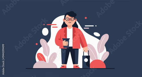 Cheerful woman with glasses and travel bag, holding coffee cup, ready for journey