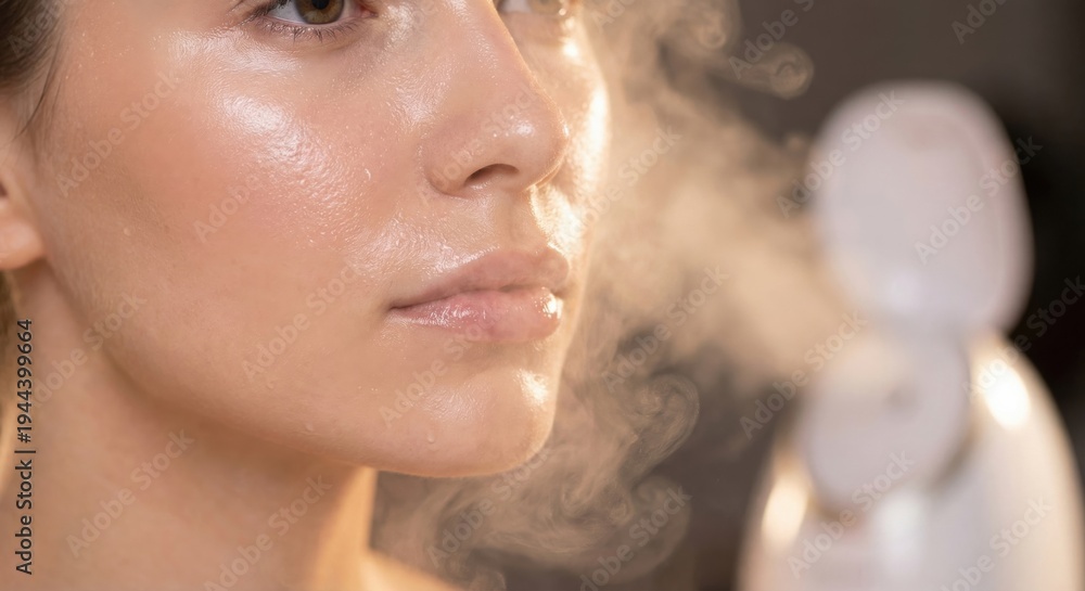 Fototapeta premium Woman with glowing glass skin receiving facial steam treatment