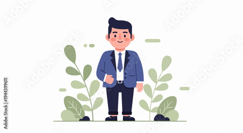 A man in a blue suit stands amidst stylized foliage