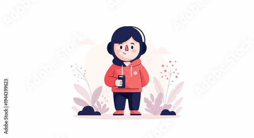 A cheerful cartoon figure in a red hoodie holds a phone, wearing headphones