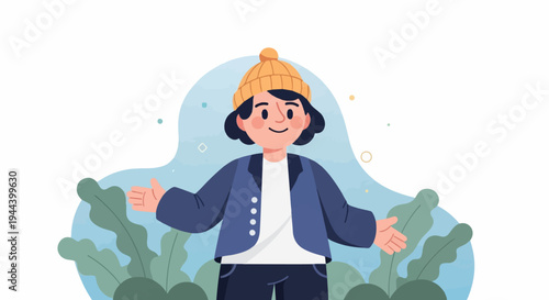Friendly cartoon character with yellow beanie and blue jacket, arms outstretched