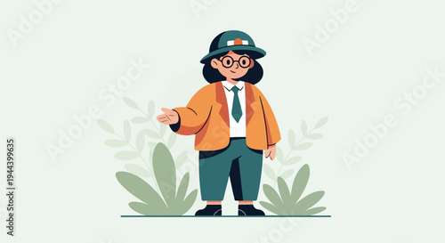 A cheerful, illustrated character in a hat and orange jacket