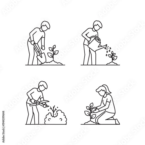Line art illustrations depicting various gardening activities such as planting, watering, and pruning plants.