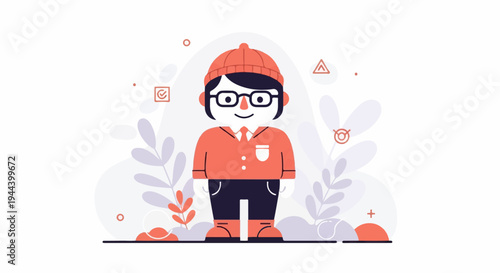 Cheerful cartoon character with glasses, hat, and collared shirt, set against flora