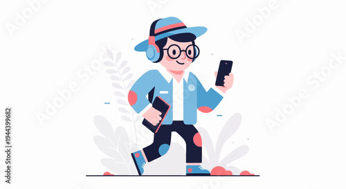A smiling person wearing headphones, glasses, and a hat walks while holding a phone and a tablet