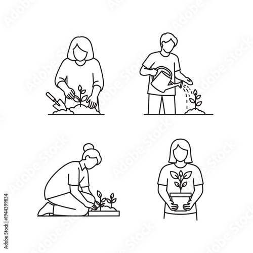 Line art illustrations depicting various gardening activities and plant care, including planting, watering, and nurturing seedlings in a garden setting.