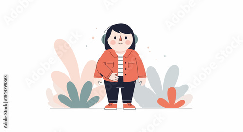 Person with headphones, wearing a jacket and pants, amidst abstract plants