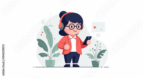 Cheerful character with headphones and phone, surrounded by plants and minimalist decor