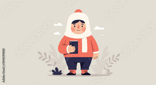 A person dressed for cold weather holds a device while standing outdoors with plants and clouds