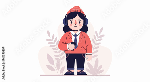 Stylized person with headphones and coffee, surrounded by muted foliage