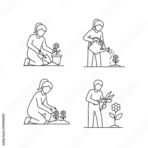 Gardening activities line art set showing planting, watering, and pruning flowers in pots and garden beds.