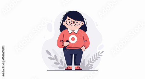 Whimsical character with glasses, wearing a coral sweater with a circular emblem, and dark pants