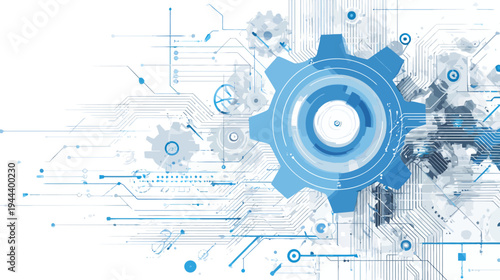 An abstract depiction of interconnected gears, circuits, and technical elements in shades of blue