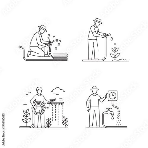 Set of line art illustrations depicting various gardening activities like watering plants, connecting hoses, and managing irrigation.