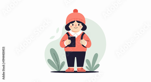 Cheerful child in winter clothes holding a phone and wearing a backpack