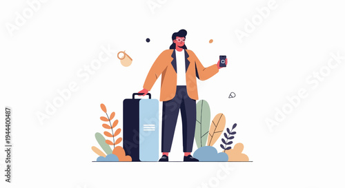 Person with luggage and phone, surrounded by abstract foliage