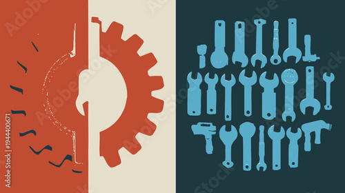 Stylized mechanical illustration cog, wrench, and tools on divided color block background