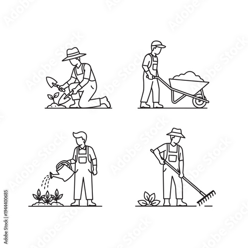 Line art illustrations depicting various gardening and farming activities, including planting, watering, raking, and moving soil with a wheelbarrow.