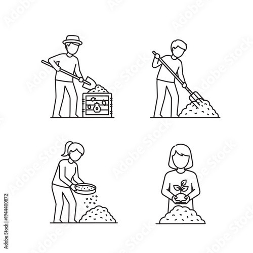 Line art illustrations depicting various gardening and composting activities, including shoveling, raking, sifting, and planting seedlings.