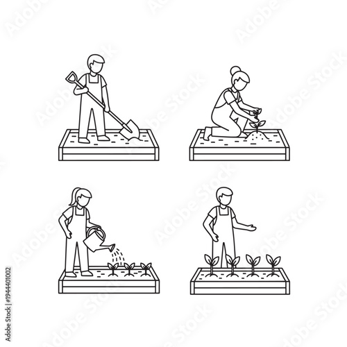 Line art illustration depicting various stages of gardening in raised beds, including digging, planting, watering, and growing plants.