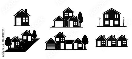Minimalist house icon set, residential real estate property symbols, suburban home silhouettes collection.