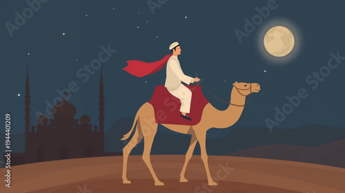 illustration of man riding a camel in desert night with mosque and  moon background