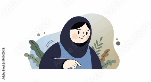 A woman wearing a hijab is shown with plants and abstract shapes in the background