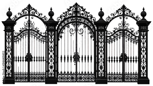 Vintage Wrought Iron Gate Silhouette Set with Ornamental Floral Swirls