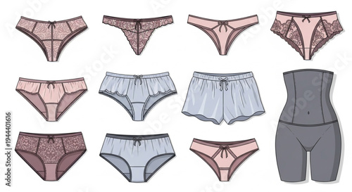 Detailed vector illustrations of diverse women's intimate apparel, including various styles of lingerie, briefs, thongs, and body-shaping garments
