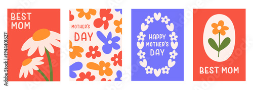 Floral set of cute hand drawn flowers. Mother's day posters. Botanical simple shapes design. Trendy design for cards, print, kitchen, branding, decoration
